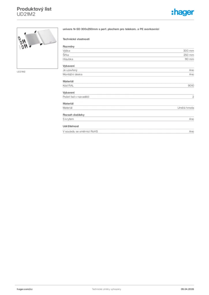Obrázek Hager Product data sheet UD21M2 | Hager