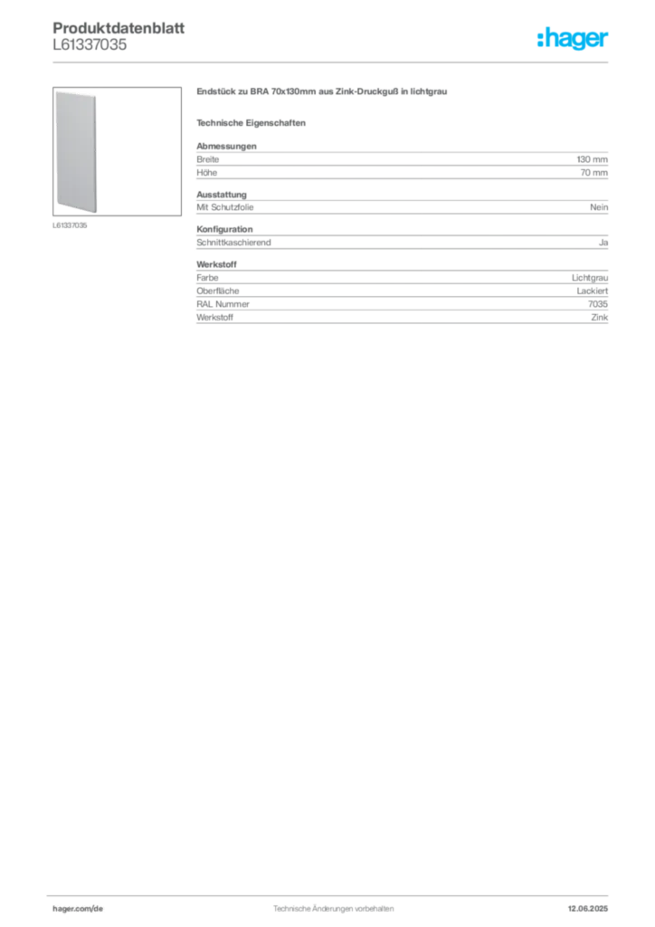Bild Hager Produktdatenblatt L61337035 | Hager Deutschland