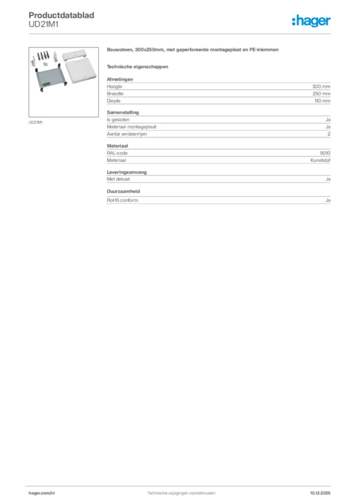 Afbeelding Hager Productdatablad UD21M1 | Hager Nederland