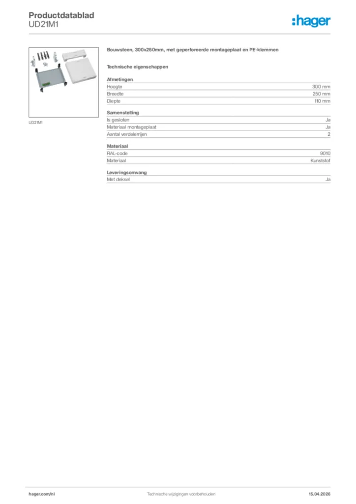 Afbeelding Hager Productdatablad UD21M1 | Hager Nederland
