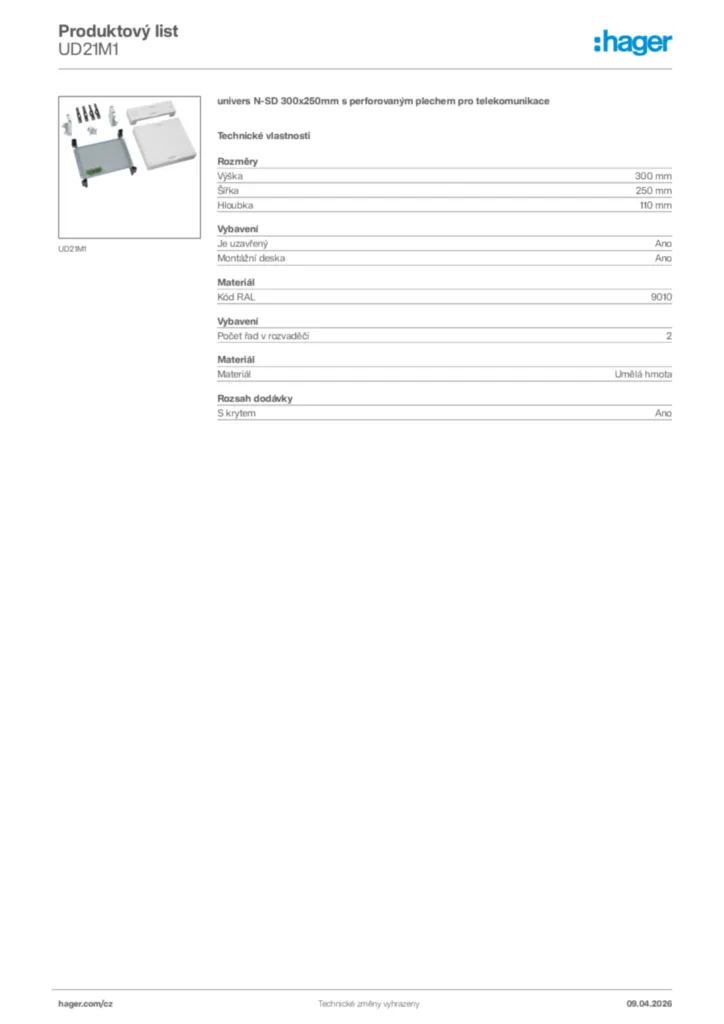 Obrázek Hager Product data sheet UD21M1 | Hager