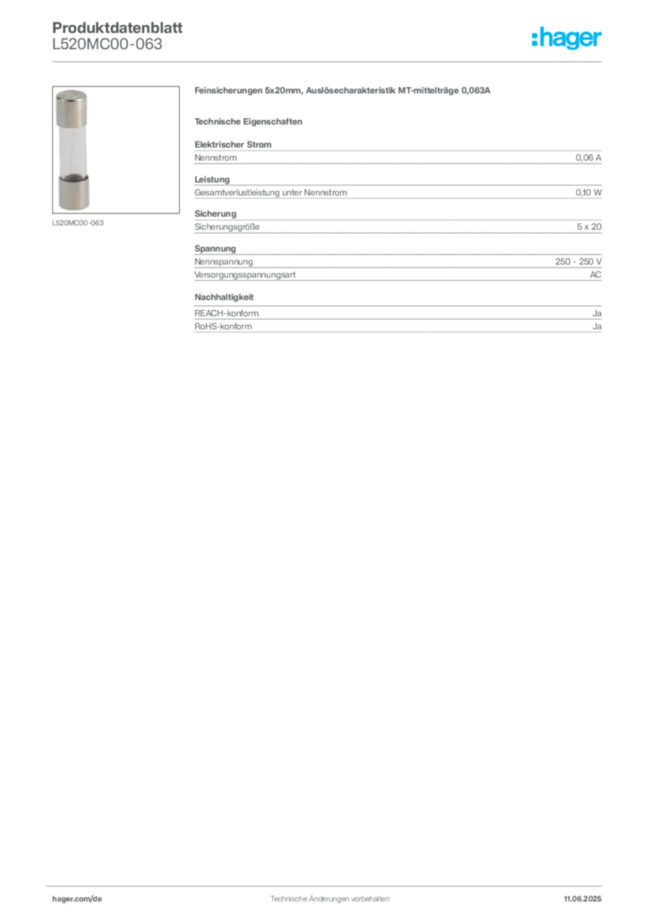Bild Hager Produktdatenblatt L520MC00-063 | Hager Deutschland