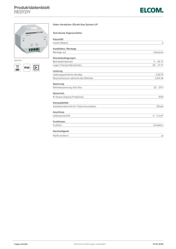 Bild Elcom Produktdatenblatt RED721Y | Hager Deutschland