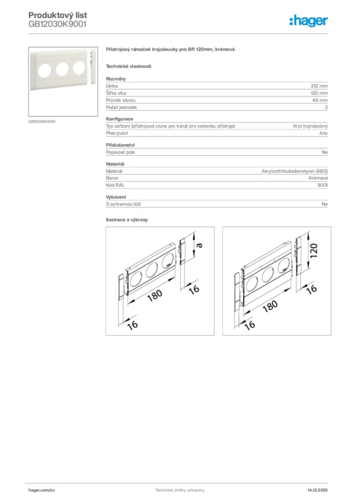 Obrázek Hager Produktový list GB12030K9001 | Hager