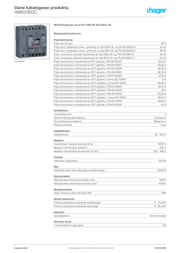 Zdjęcie Hager Dane katalogowe produktu HMS026DC | Hager Polska