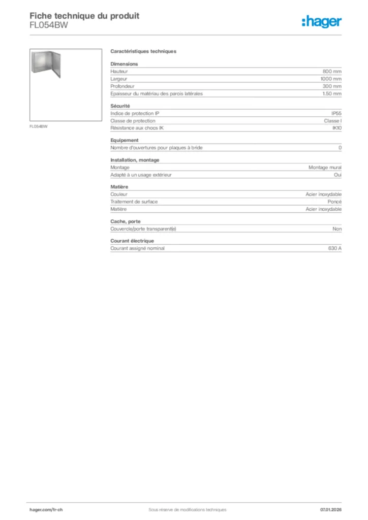 Image Hager Fiche technique du produit FL054BW | Hager Suisse