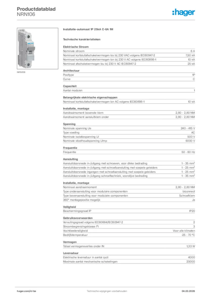 Afbeelding Hager Productdatablad NRN106 | Hager Belgium