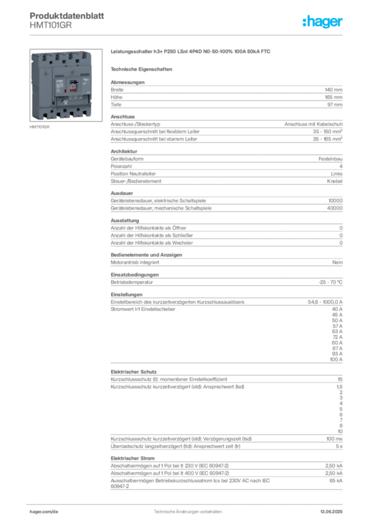 Bild Hager Produktdatenblatt HMT101GR | Hager Deutschland