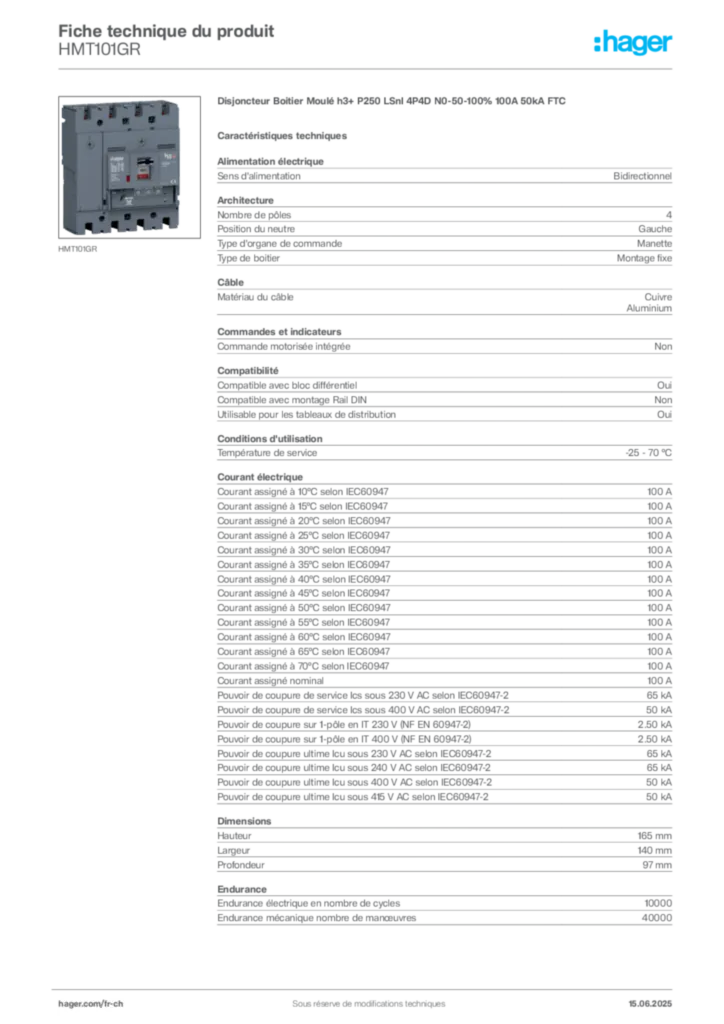 Image Hager Fiche technique du produit HMT101GR | Hager Suisse