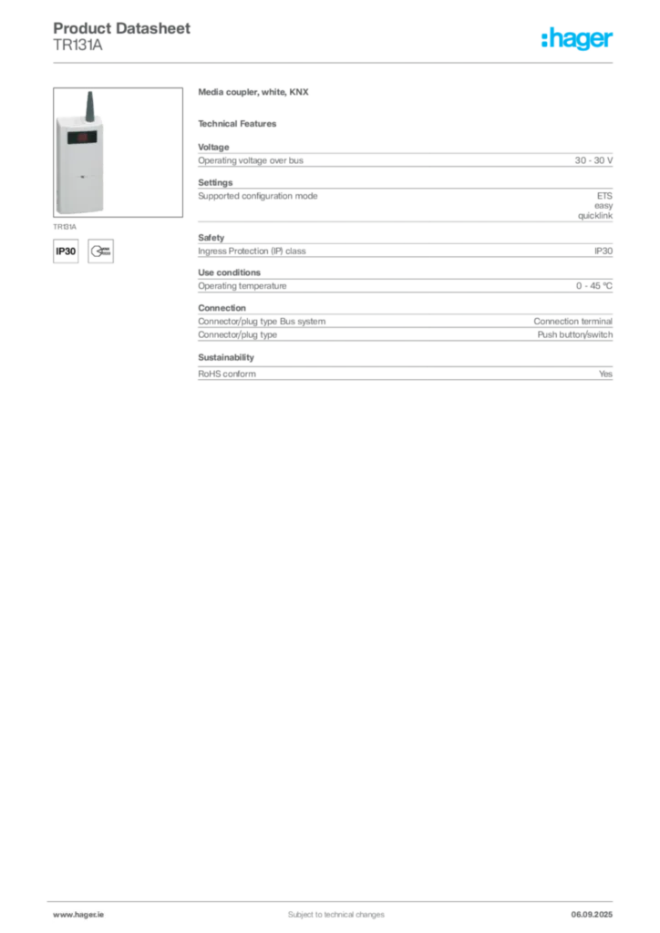 Image Hager Product data sheet TR131A  | Hager