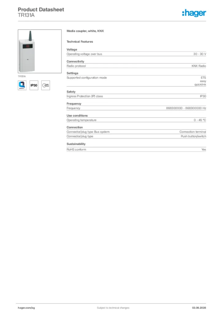 Image Hager Product data sheet TR131A  | Hager