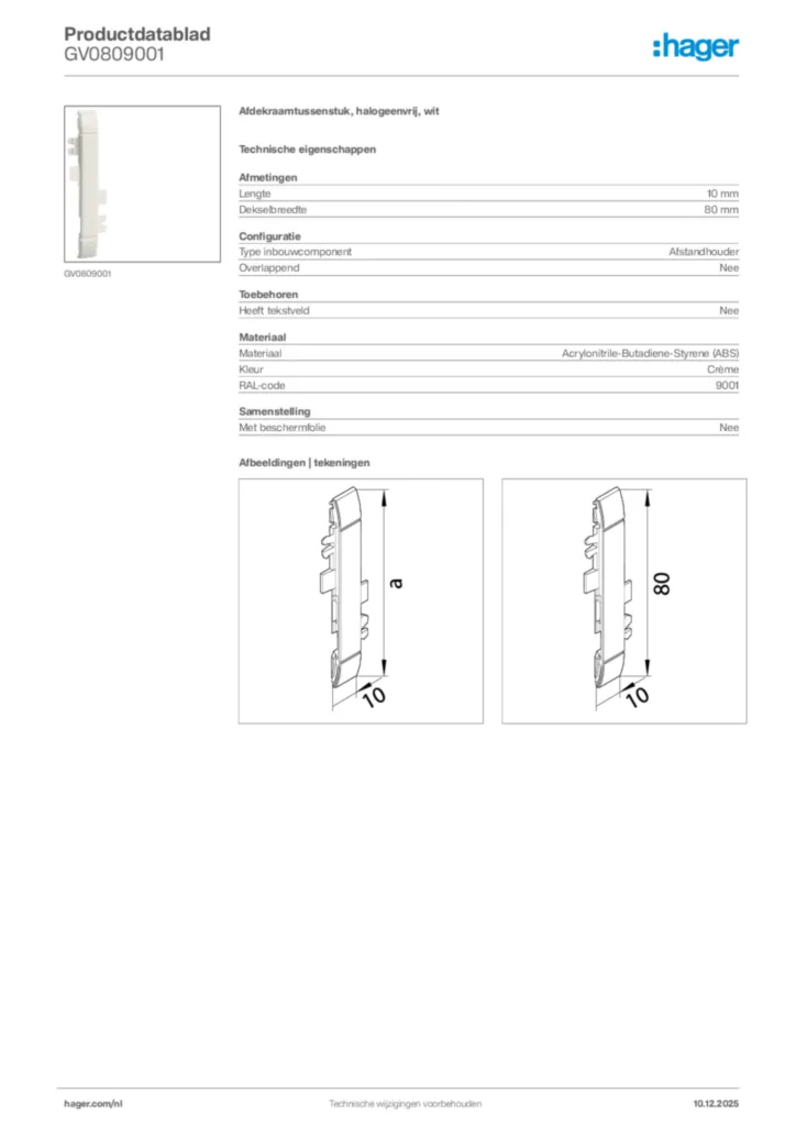 Afbeelding Hager Productdatablad GV0809001 | Hager Nederland