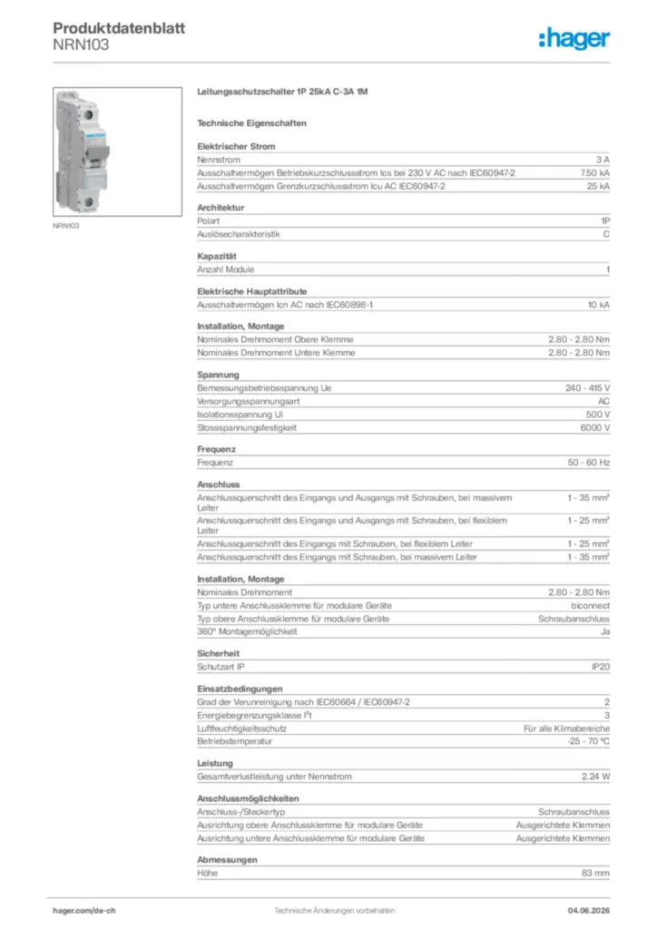 Bild Hager Produktdatenblatt NRN103 | Hager Schweiz