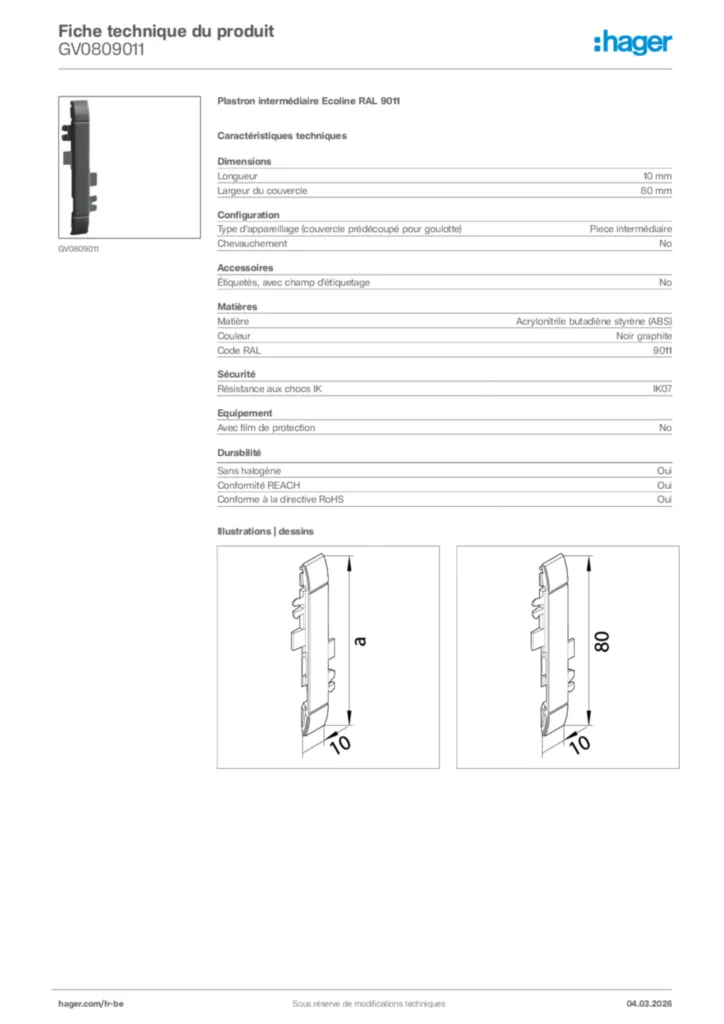 Image Hager Fiche technique du produit GV0809011 | Hager Belgique