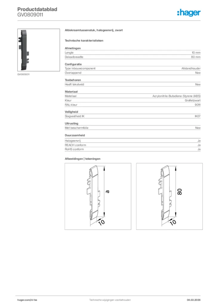 Afbeelding Hager Productdatablad GV0809011 | Hager Belgium