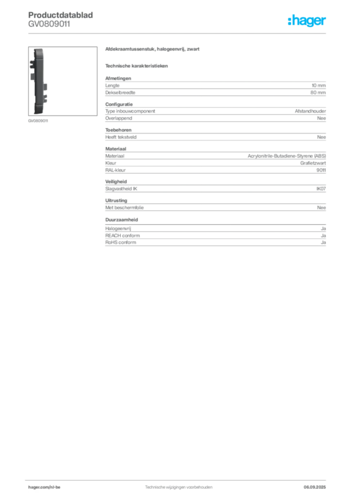 Afbeelding Hager Productdatablad GV0809011 | Hager Belgium