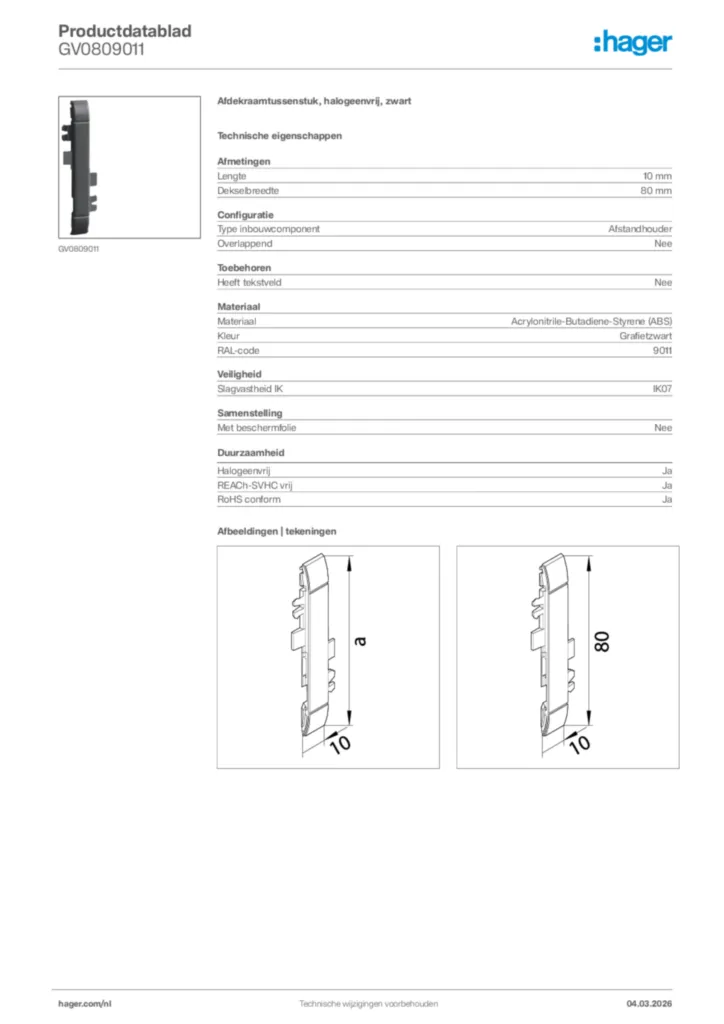 Afbeelding Hager Productdatablad GV0809011 | Hager Nederland