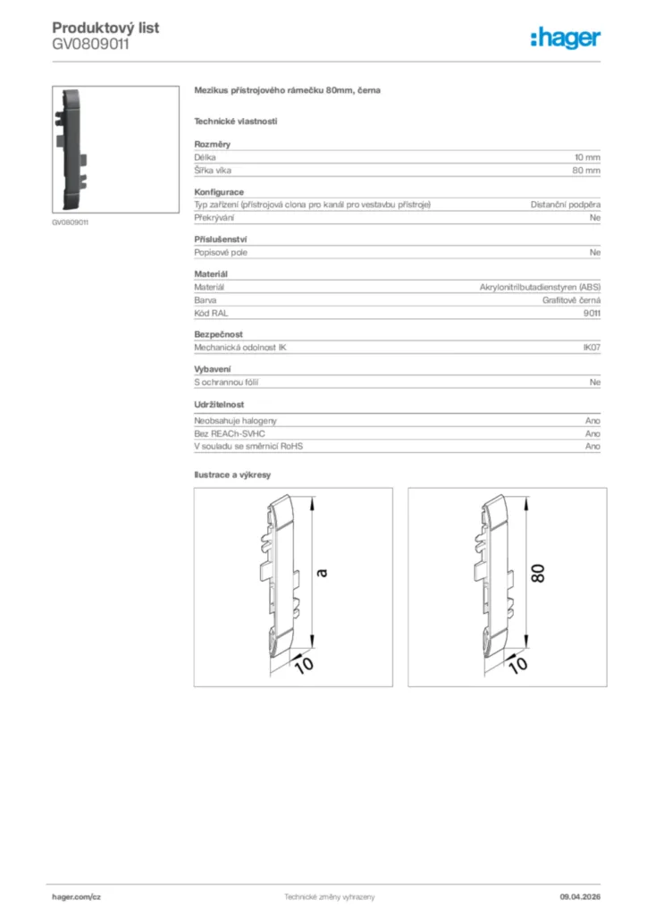 Obrázek Hager Product data sheet GV0809011 | Hager