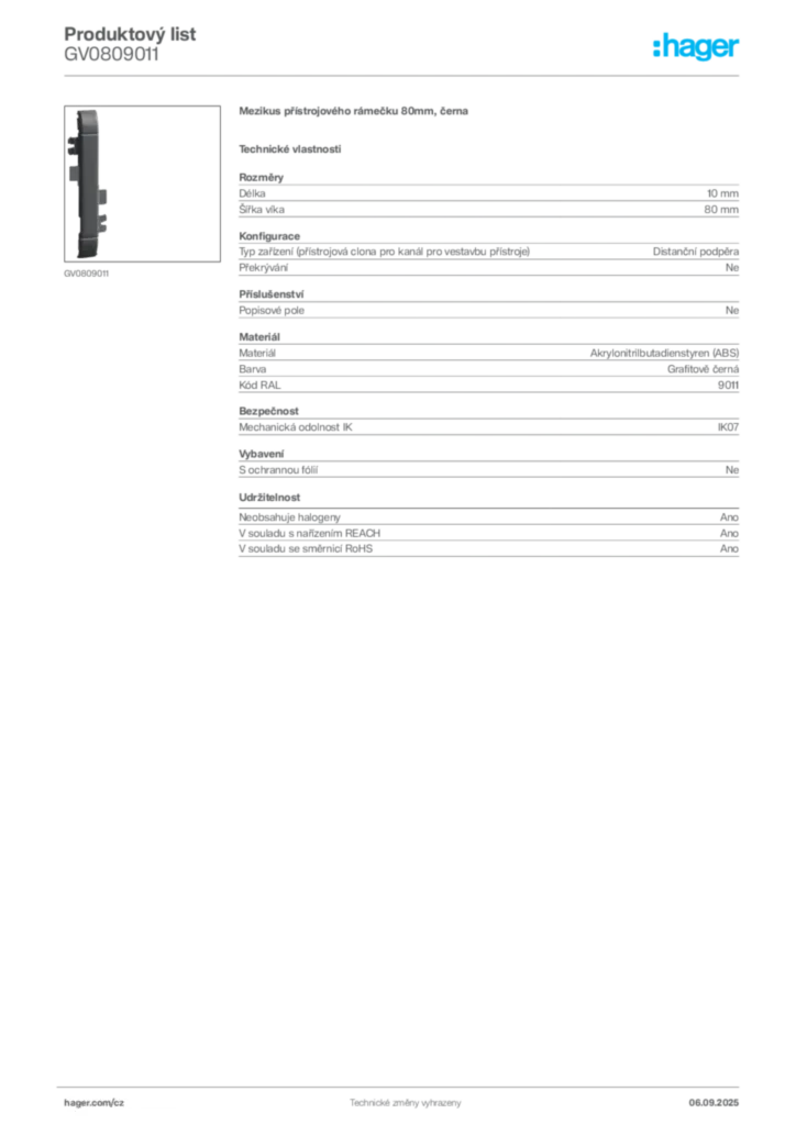 Obrázek Hager Produktový list GV0809011 | Hager