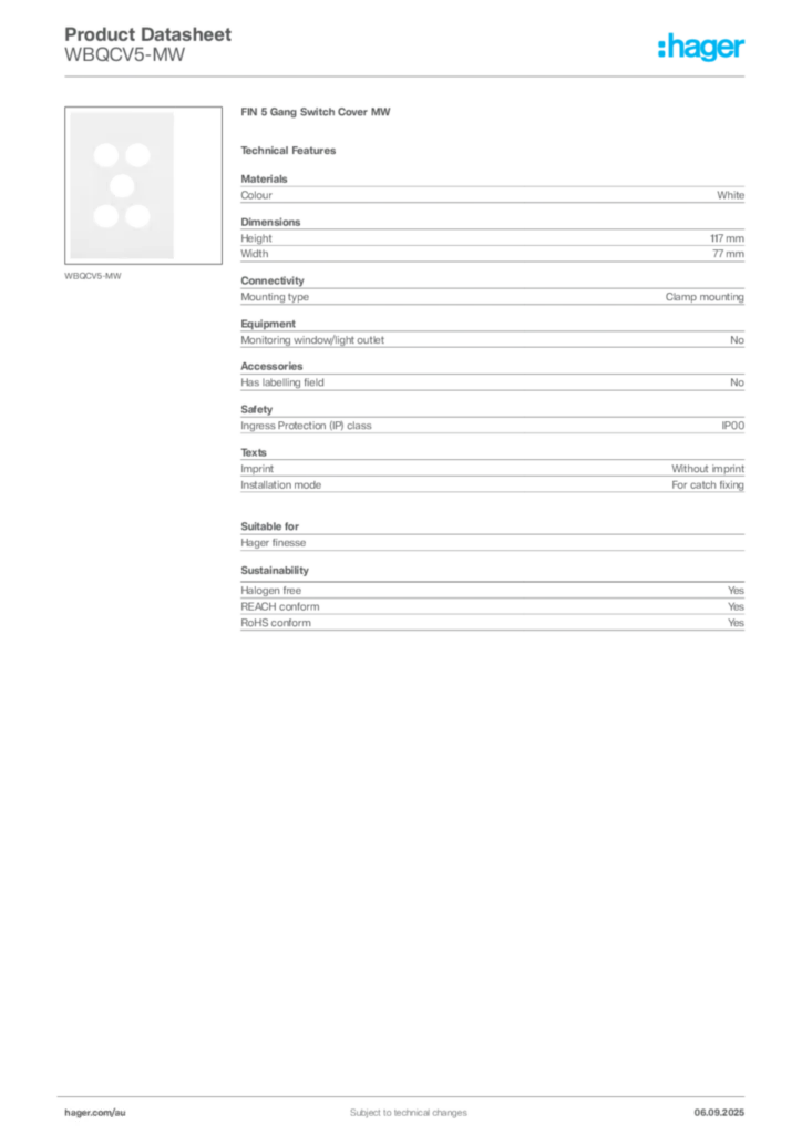 Image Hager Product data sheet WBQCV5-MW  | Hager Australia