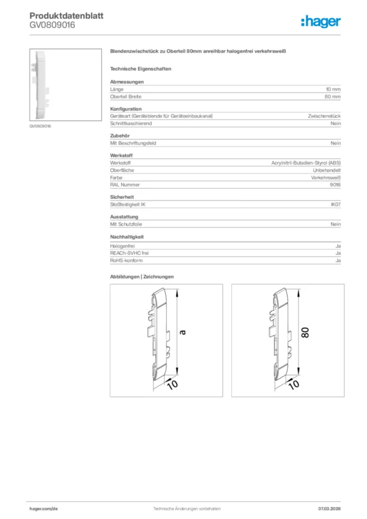 Bild Hager Produktdatenblatt GV0809016 | Hager Deutschland