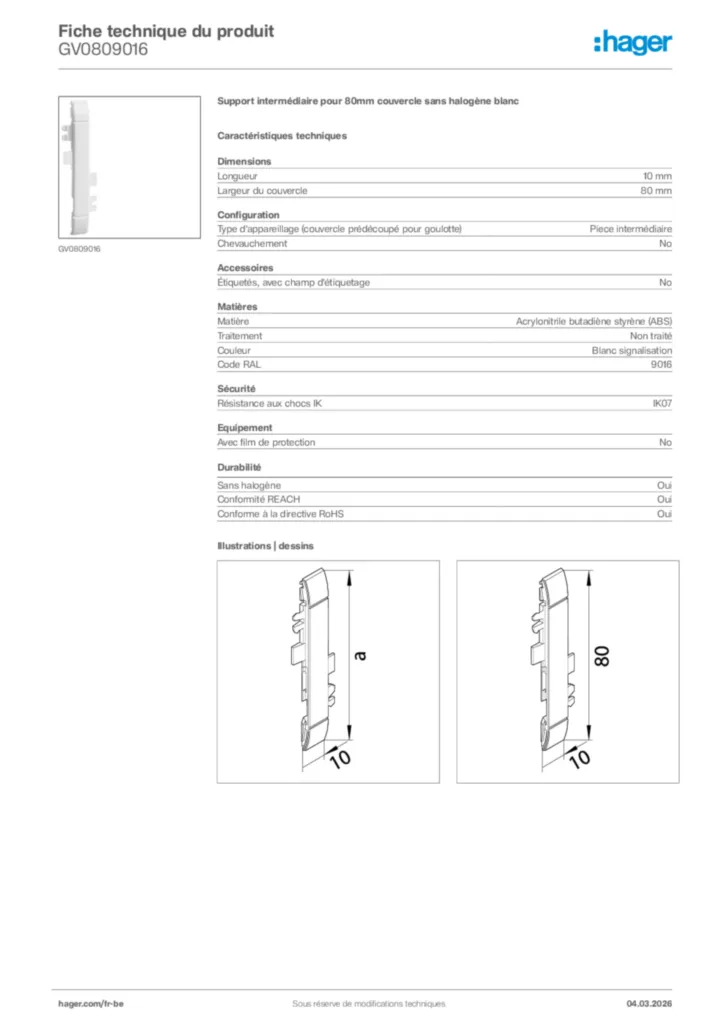 Image Hager Fiche technique du produit GV0809016 | Hager Belgique