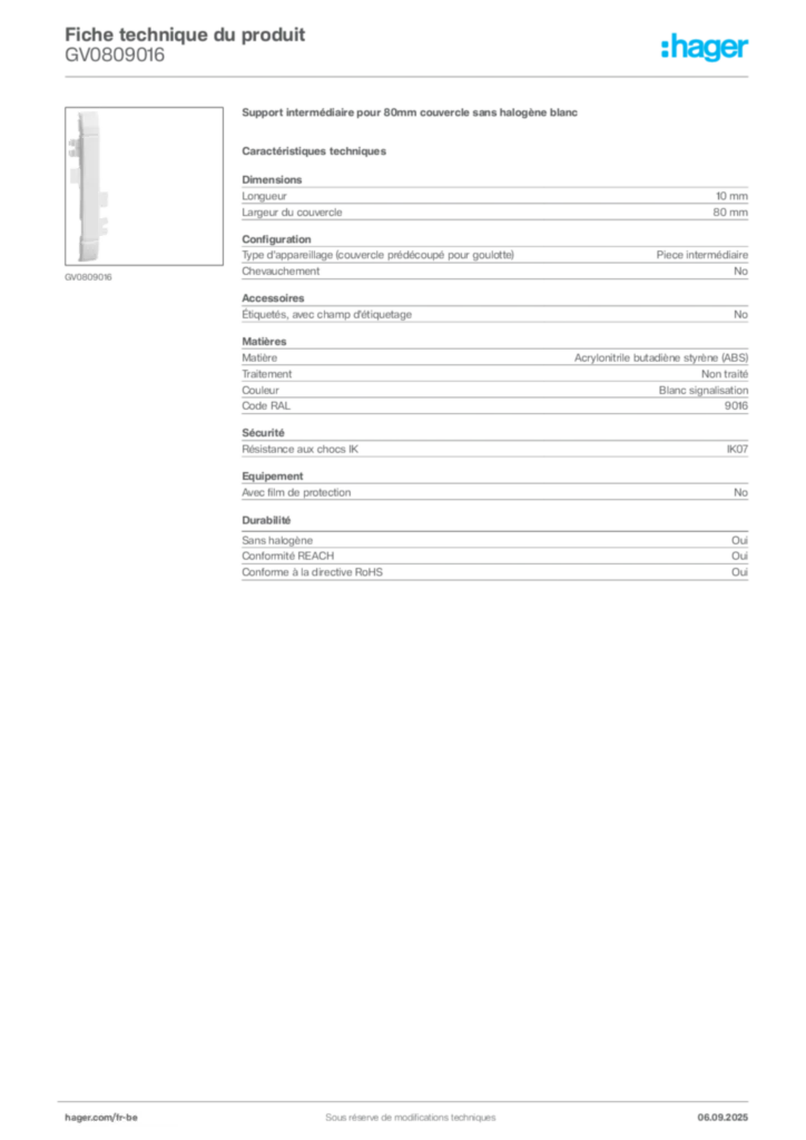 Image Hager Fiche technique du produit GV0809016 | Hager Belgique