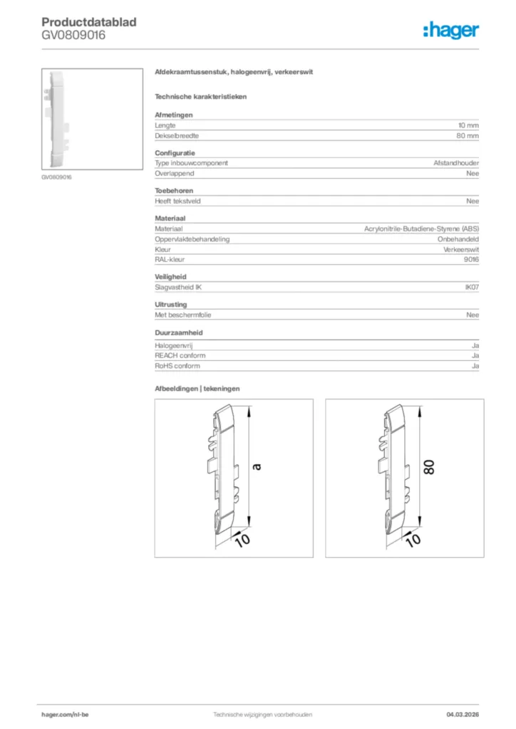 Afbeelding Hager Productdatablad GV0809016 | Hager Belgium