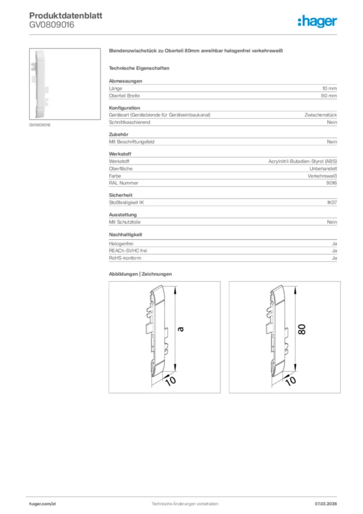 Bild Hager Produktdatenblatt GV0809016 | Hager Deutschland