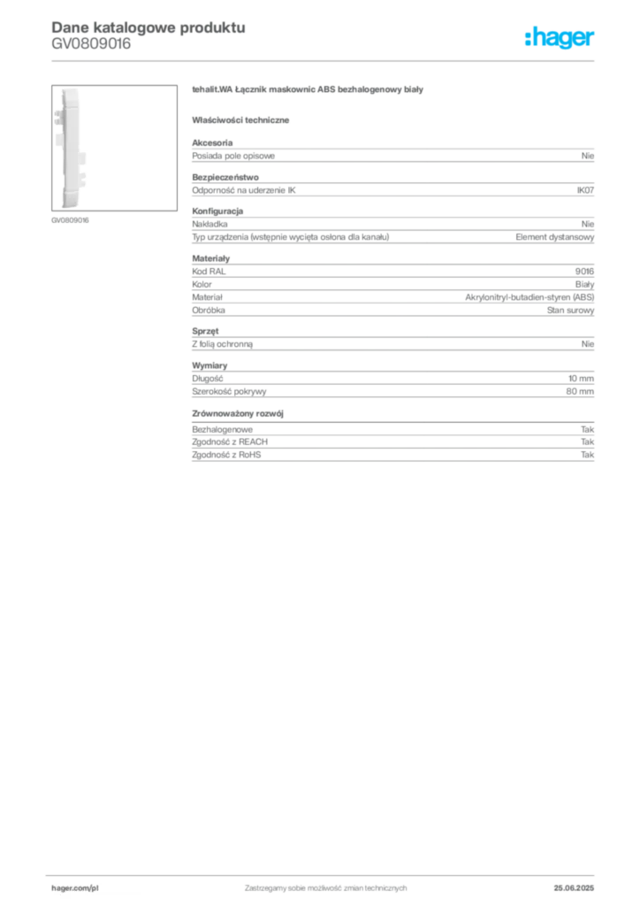 Zdjęcie Hager Dane katalogowe produktu GV0809016 | Hager Polska