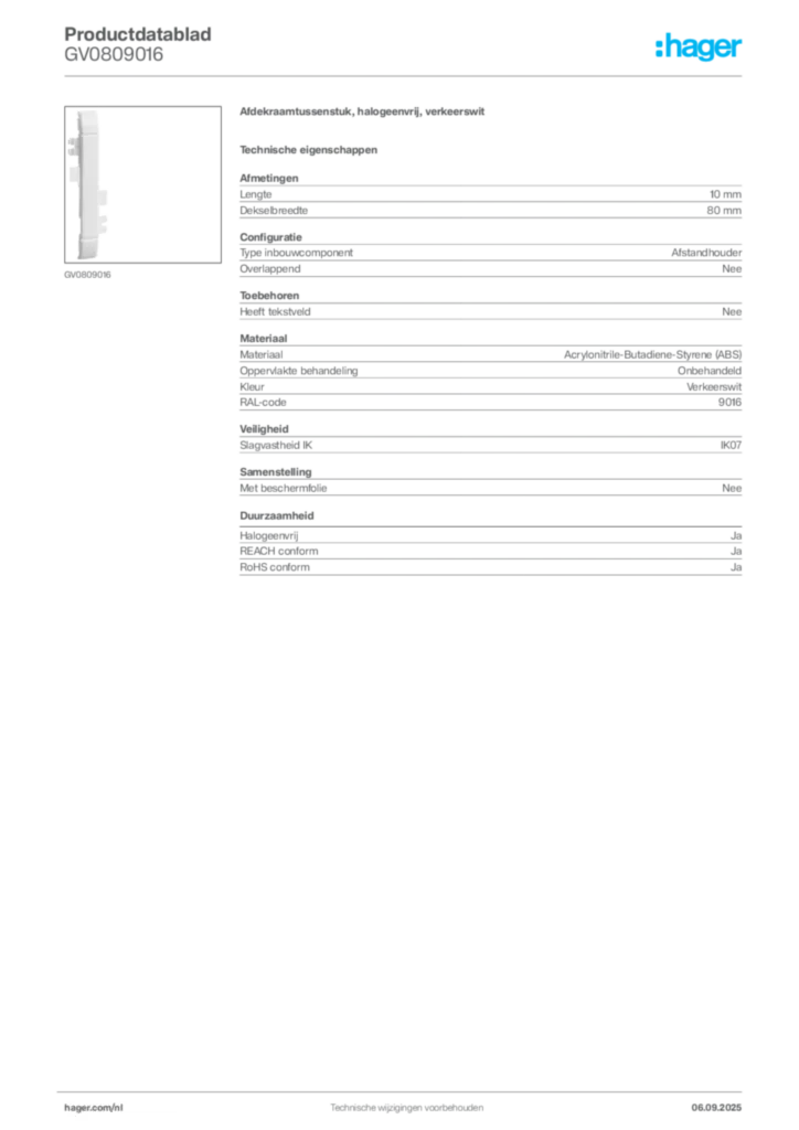 Afbeelding Hager Productdatablad GV0809016 | Hager Nederland