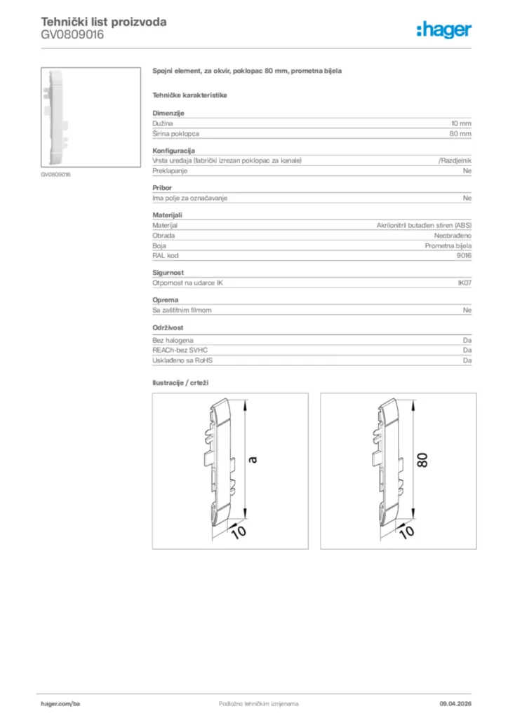 Slika Hager Tehnički list proizvoda GV0809016  | Hager
