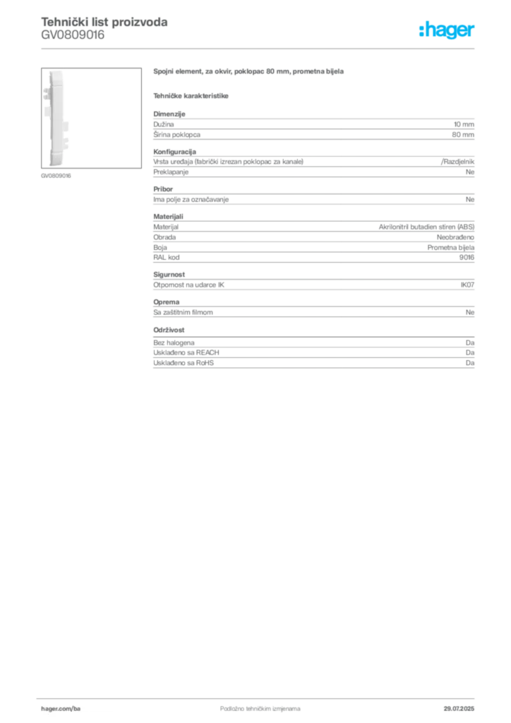 Slika Hager Product data sheet GV0809016  | Hager