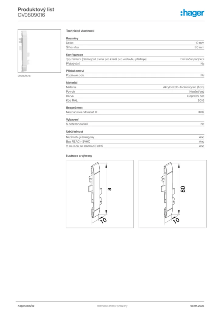 Obrázek Hager Product data sheet GV0809016 | Hager