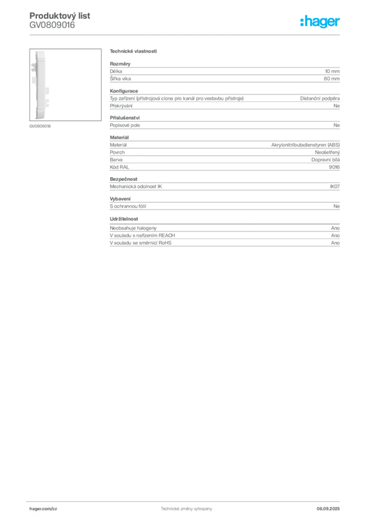 Obrázek Hager Produktový list GV0809016 | Hager