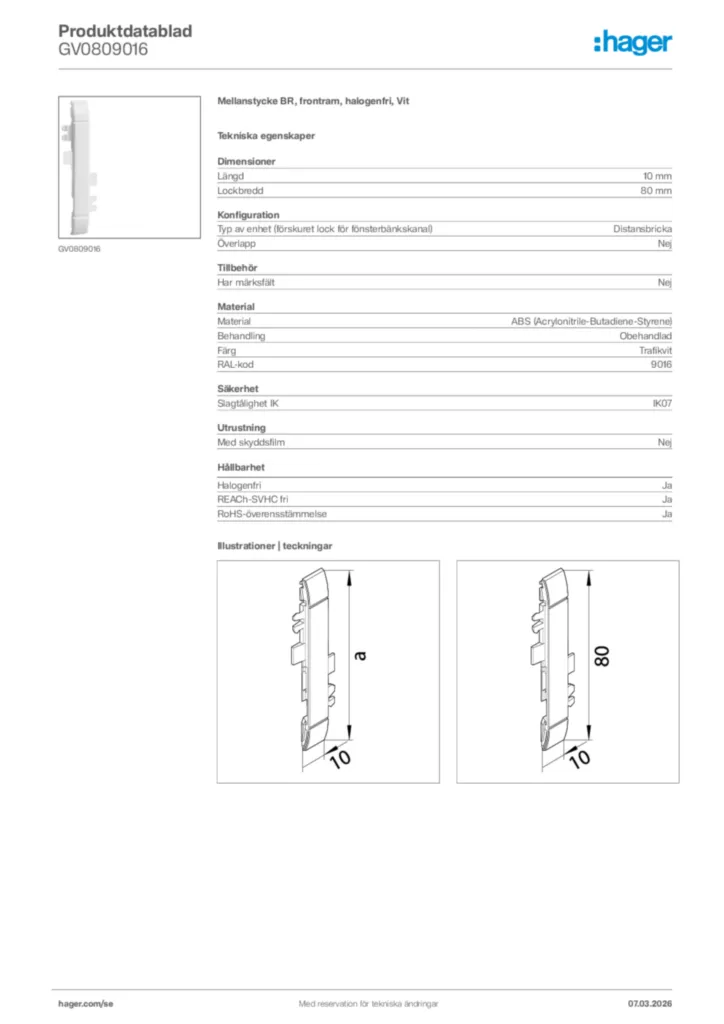 Bild Hager Produktdatablad GV0809016 | Hager Sverige