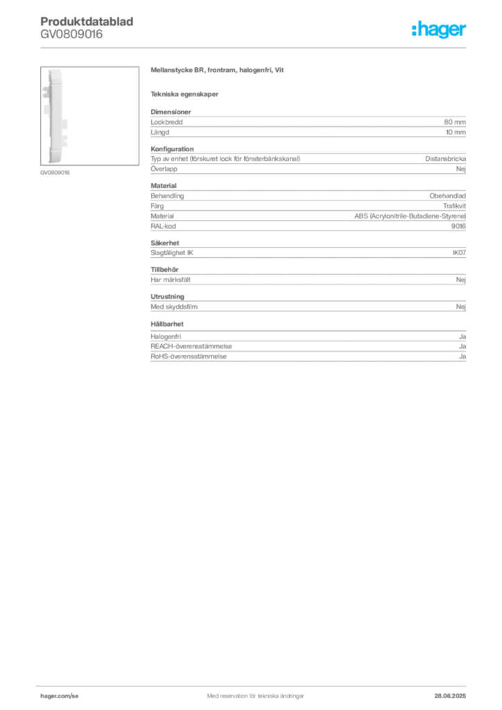 Bild Hager Produktdatablad GV0809016 | Hager Sverige