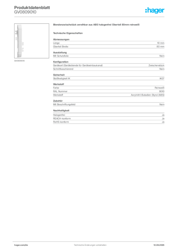 Bild Hager Produktdatenblatt GV0809010 | Hager Deutschland