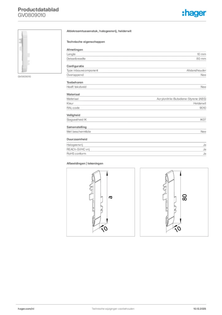 Afbeelding Hager Productdatablad GV0809010 | Hager Nederland