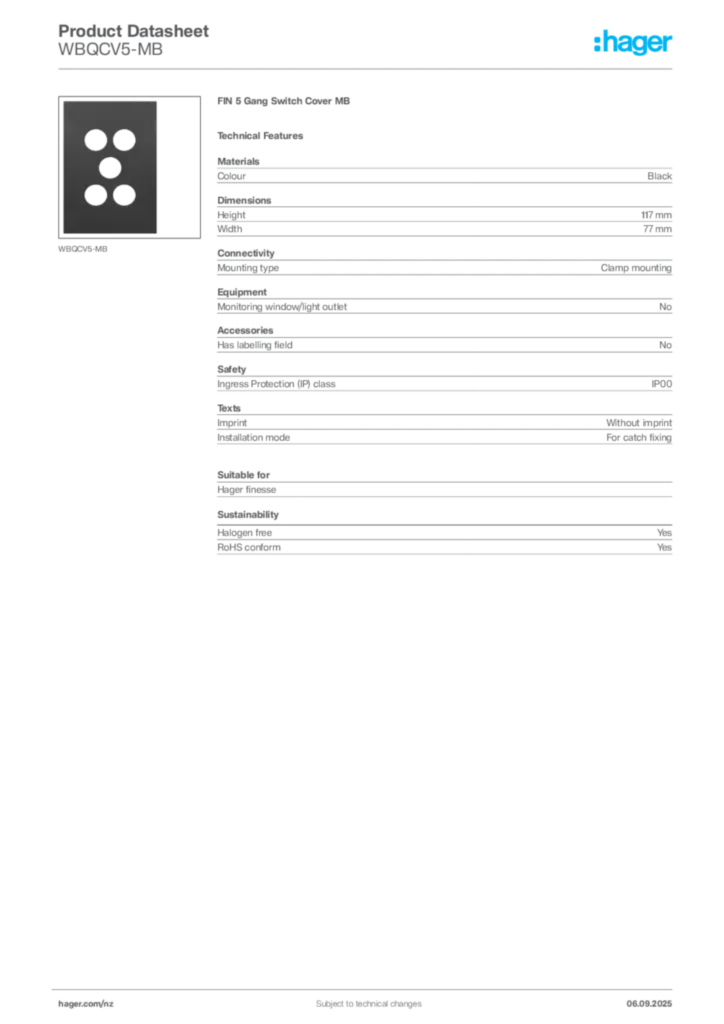 Image Hager Product data sheet WBQCV5-MB  | Hager New Zealand
