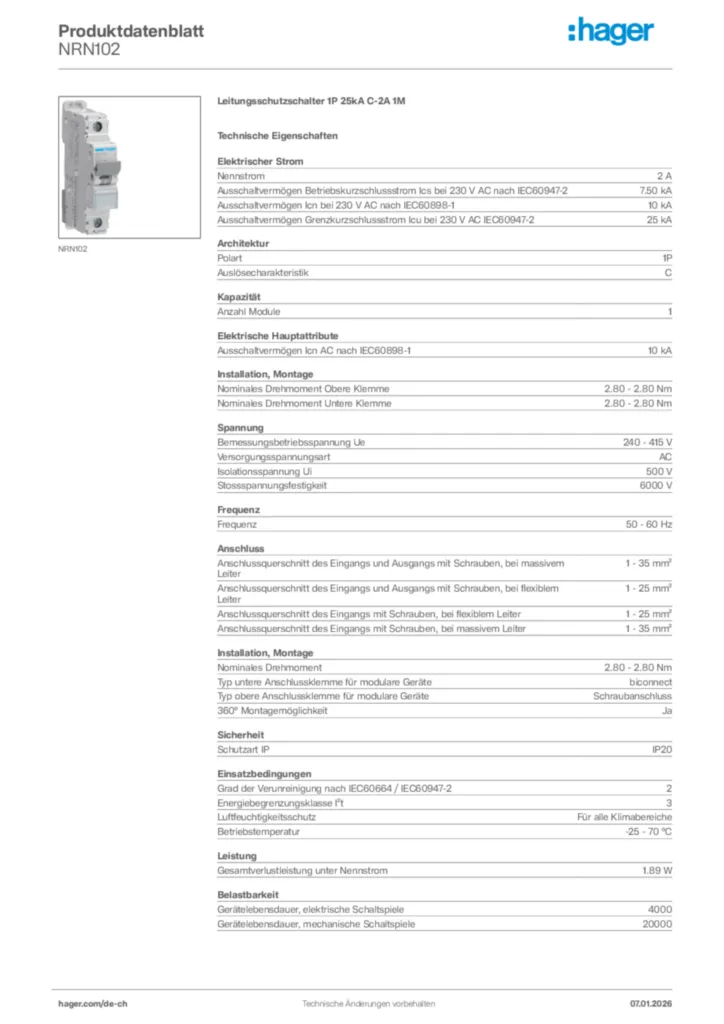 Bild Hager Produktdatenblatt NRN102 | Hager Schweiz