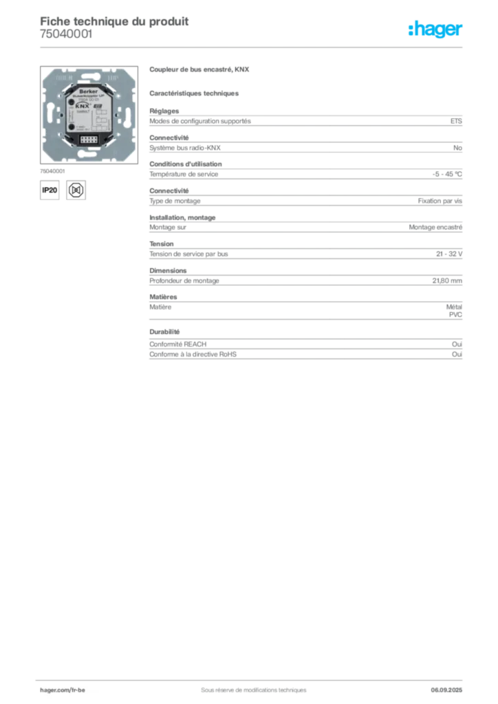 Image Hager Fiche technique du produit 75040001 | Hager Belgique