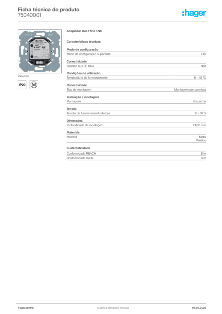 Imagem Hager Ficha técnica do produto 75040001 | Hager Portugal