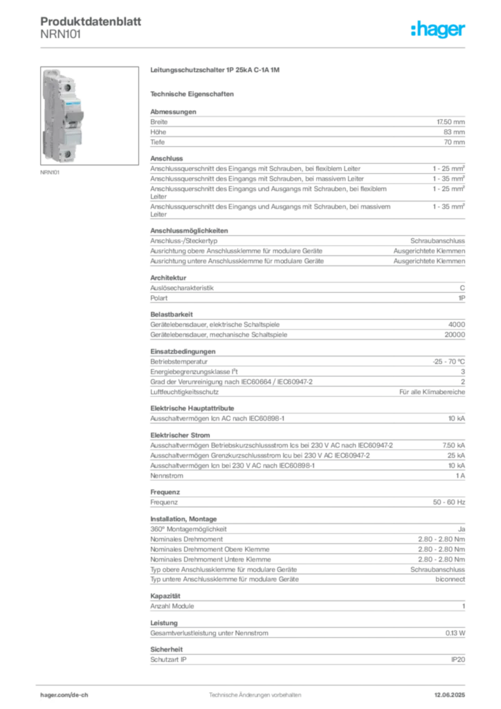 Bild Hager Produktdatenblatt NRN101 | Hager Schweiz