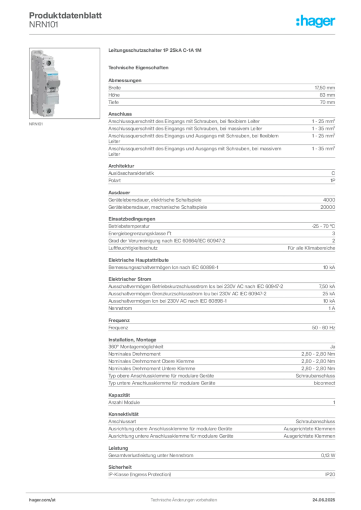 Bild Hager Produktdatenblatt NRN101 | Hager Deutschland