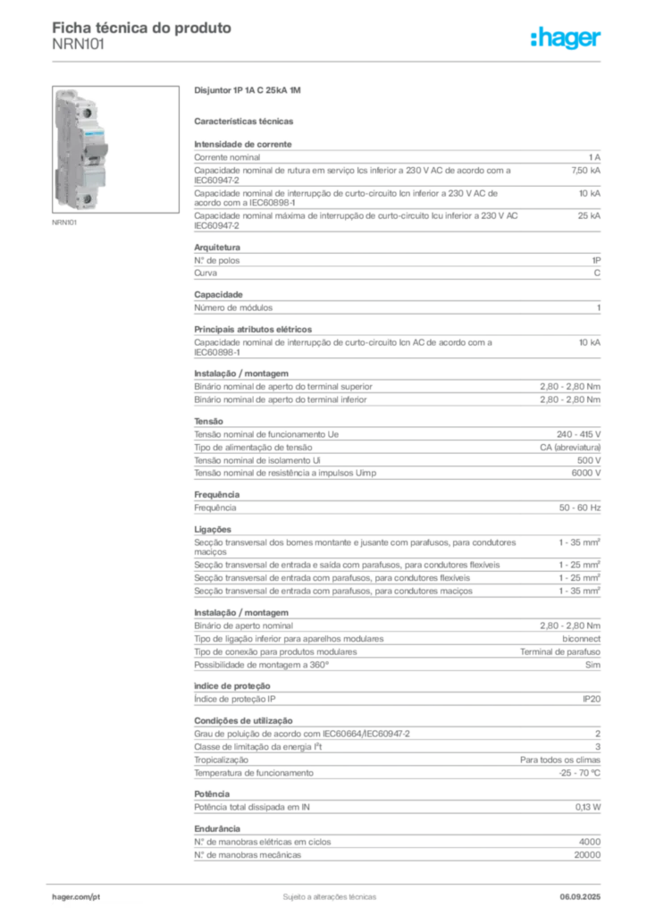 Imagem Hager Ficha técnica do produto NRN101 | Hager Portugal
