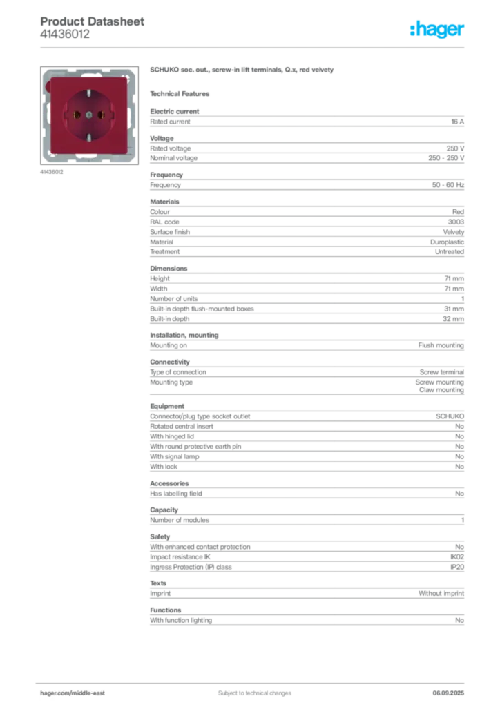 Image Hager Product data sheet 41436012  | Hager