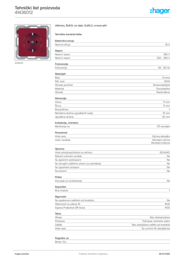 Slika Hager Product data sheet 41436012  | Hager