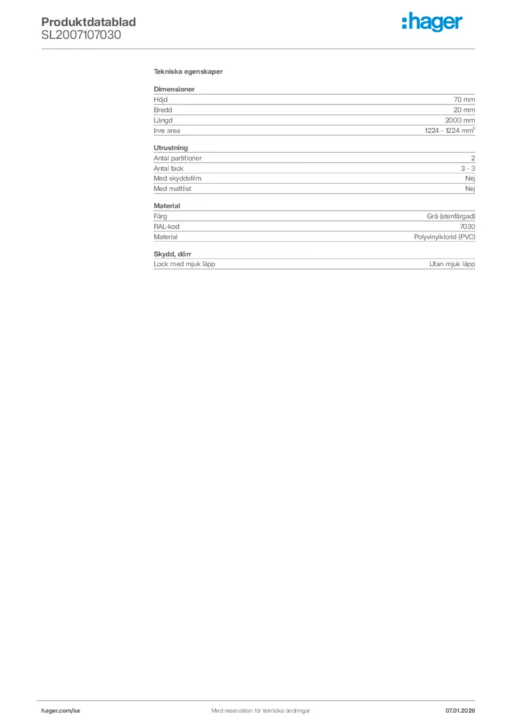 Bild Hager Produktdatablad SL2007107030 | Hager Sverige
