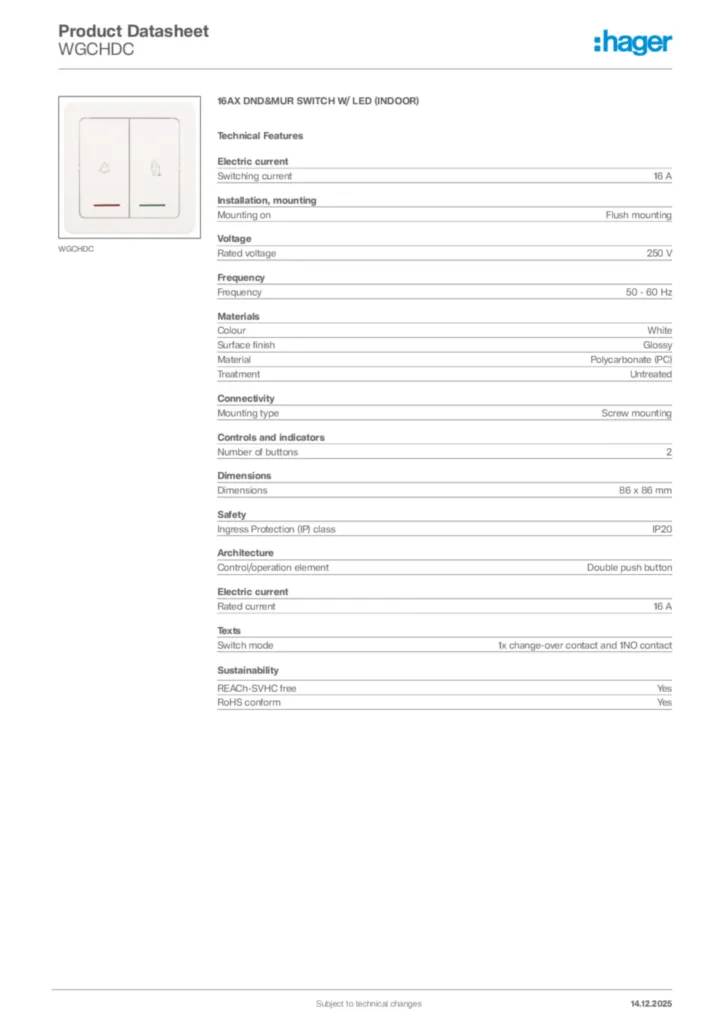 Image Hager Product data sheet WGCHDC  | Hager Africa